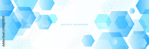 Abstract blue geometric hexagon shapes on white background with space for your text. Futuristic technology and science concept. Modern geometric overlay hexagon wide banner design
