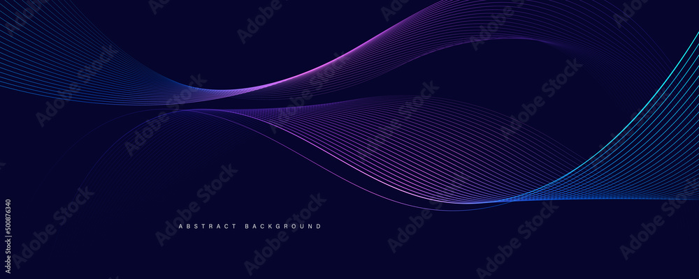 Dark abstract background with glowing wave. Shiny moving lines design element. Modern purple blue gradient flowing wave lines. Futuristic technology concept. Vector illustration - obrazy, fototapety, plakaty 