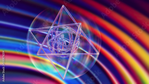 3d illustration of a glass merkaba with a meditating yogi inside flying in astral space