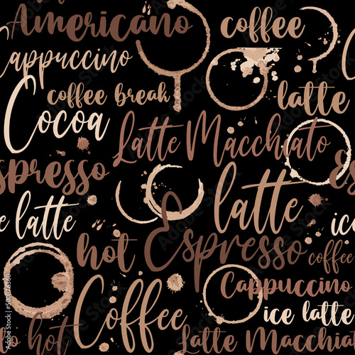 Seamless background with coffee spots and lettering of Coffee, Cappuccino, Latte and other