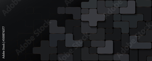 Luxury black abstract dimension background with gold lines. Modern geometric rounded rectangle texture. Black metal blocks design. Tetris blocks pattern. Block puzzle style. Vector illustration