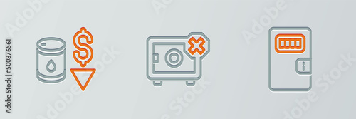 Set line Prison cell door, Drop in crude oil price and Safe icon. Vector