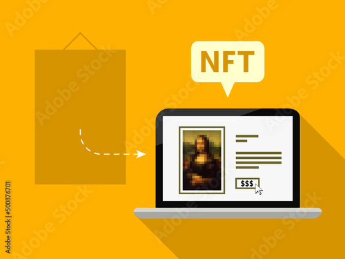 Art becoming digital and NFT technology concept. Crypto art displayed on a laptop screen instead on a wall.
