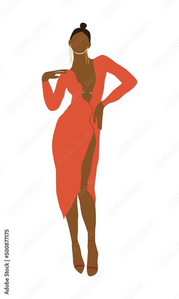 Modern abstract black woman wearing stylish dress. Fashion african girl. Flat vector illustration isolated on white background