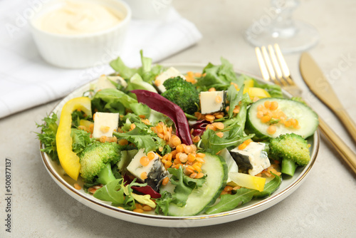 Delicious salad with lentils, vegetables and cheese served on light grey table