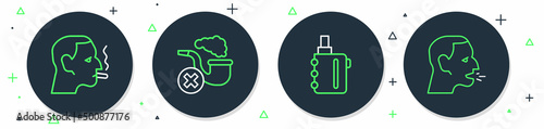 Set line Smoking pipe with smoke, Electronic cigarette, Man smoking and coughing icon. Vector
