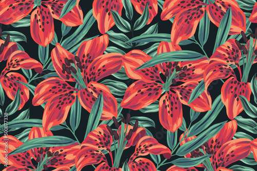 Seamless pattern, vintage floral print with red lily flowers, tropical leaves on a dark background. Old fashioned botanical surface design with exotic plants. Vector illustration.