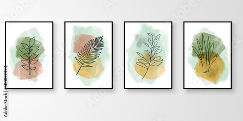 Set of wall art. Story of foliage watercolor art drawing with abstract organic shape composition. Leaf branch vector illustration.
