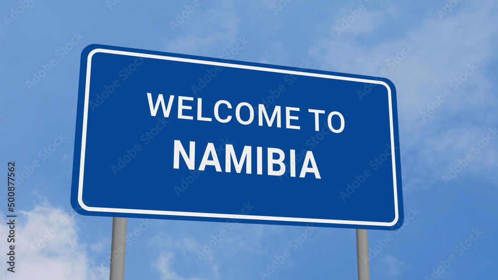 Welcome to Namibia Road Sign on Clear Blue Sky Welcome to Namibia Road Sign on Clear Blue Sky