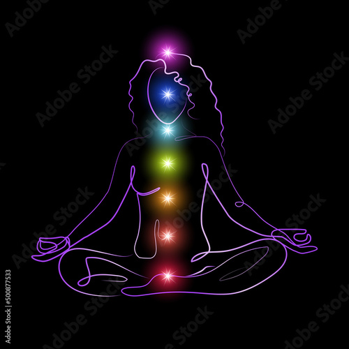 glowing chakras on linear silhouette of meditating woman