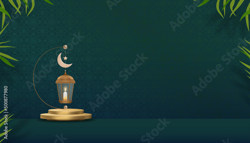 Islamic 3D Podium Traditional islamic lantern with Crescent moon on lunar art deco green background, Vector Backdrop of Religion of Muslim Symbolic,Eid ul fitr,Ramadan Kareem,Eid al Adha,Eid Mubarak