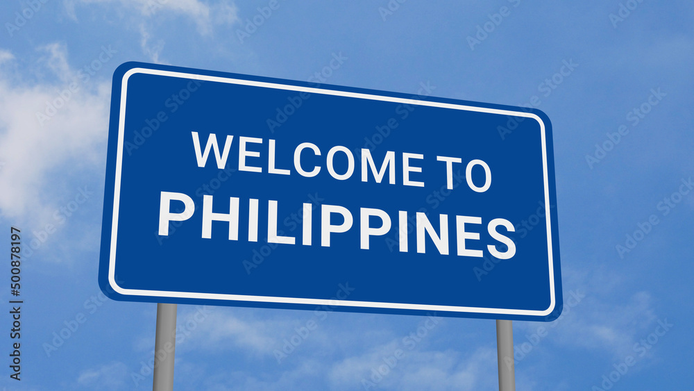 Welcome to Philippines Road Sign on Clear Blue Sky Welcome to Philippines Road Sign on Clear Blue Sky