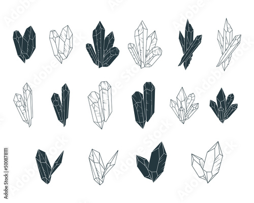 Crystals big set. 16 silhouettes and  lineart minerals    isolated on white background. Hand drawn esoteric vector illustration in boho style.