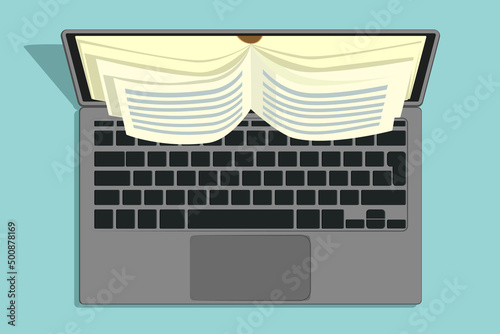Open laptop, book pages in place of monitor
