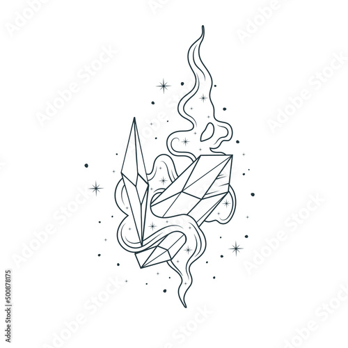 Celestial magic crystals. Hand drawn vector illustration on white background for witchcraft, tattoo, tshirt print.