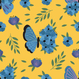 seamless pattern with blue decorative butterfly and flowers