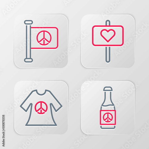 Set line Beer bottle  Peace dress print stamp  and Flag peace icon. Vector