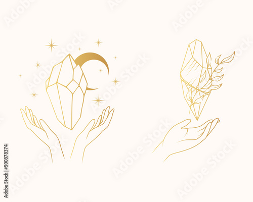 Celestial crystal, moon and stars are held on the hands. Two golden hand drawn mystical vector illustrations set  for witchcraft.
