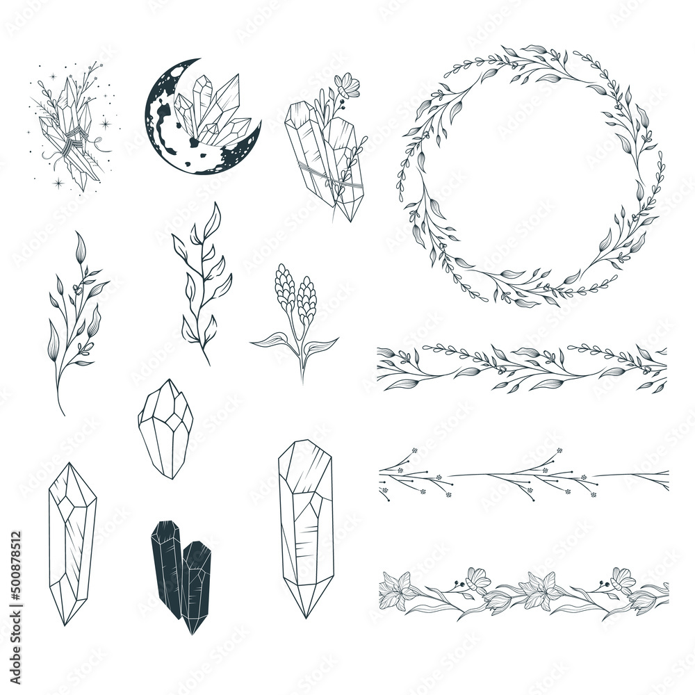 Сelestial lunar and flower crystals, twigs, floral borders and frame collection. Hand drawn vector isolated set in boho style. - obrazy, fototapety, plakaty 