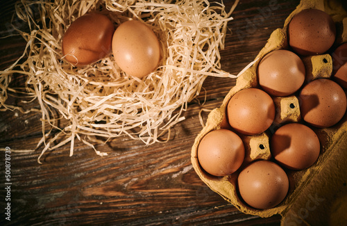 Chicken eggs, raw surface, rural still life, Easter