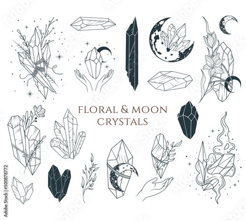 Floral and moon crystals collection. Celestial crystals, crescent moon, flowers and magic elements isolated set. Hand drawn vector illustration in boho style. photo