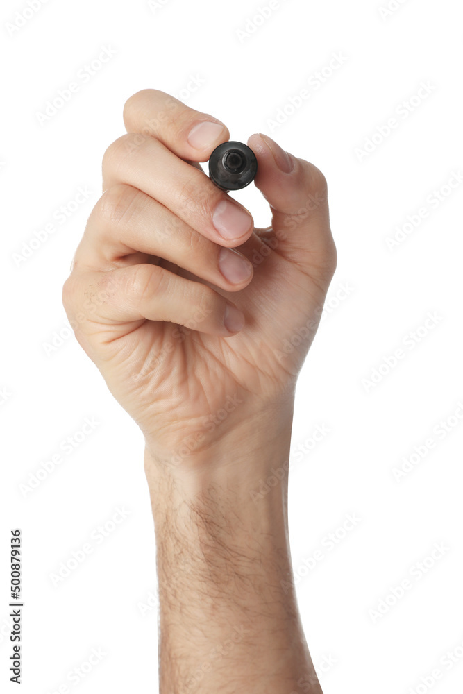 Man holding black marker on white background, closeup Man holding black marker on white background, closeup