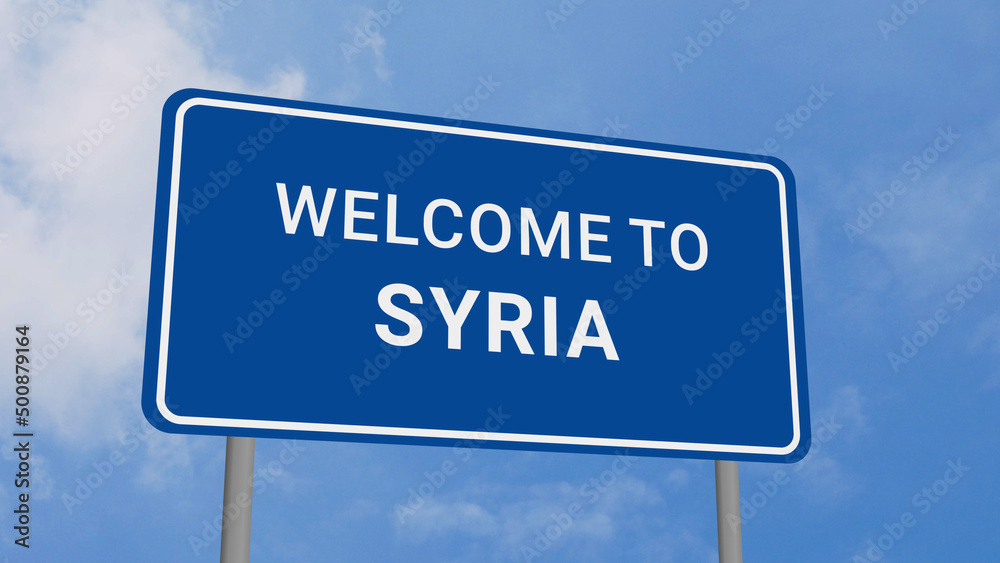 Welcome to Syria Road Sign on Clear Blue Sky Welcome to Syria Road Sign on Clear Blue Sky