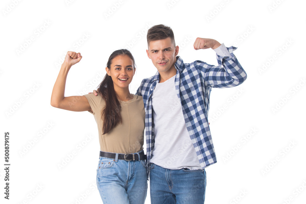 Couple flexing biceps on white Couple flexing biceps on white