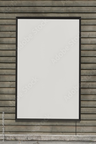Blank Poster frame   Billboard   Display on a wood plank wall - Mockup 