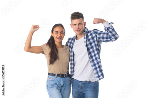Couple flexing biceps on white
