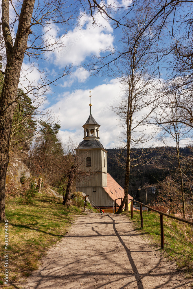 Fototapeta premium Church spire from the historical mountain church in Oybin. Saxony. Germany