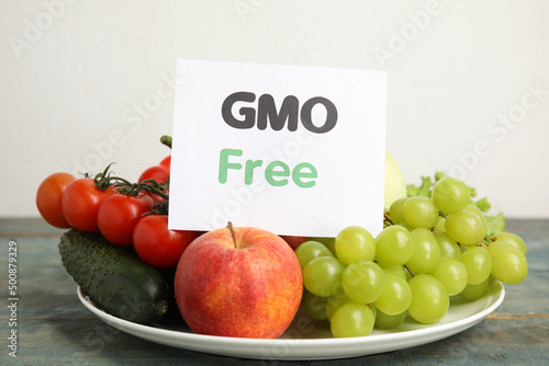 Fresh fruits, vegetables and card with text GMO Free on light blue wooden table