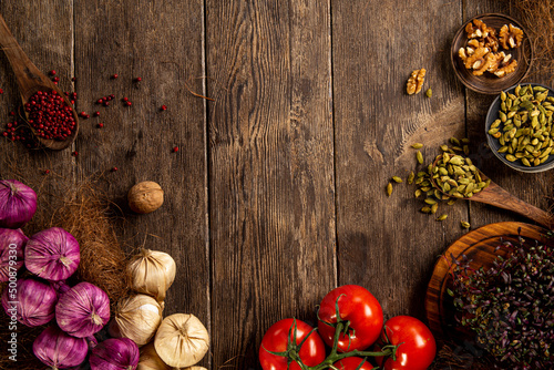 Frame of vegetables on the wooden rustic background