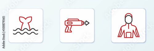 Set line Wetsuit for scuba diving, Whale tail and Fishing harpoon icon. Vector