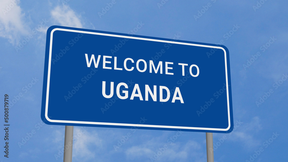 Welcome to Uganda Road Sign on Clear Blue Sky 