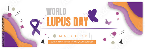 
Lupus awareness day. Vector illustration with purple butterflies and ribbon as a symbol of the disease on white background with colorful geometric shapes.