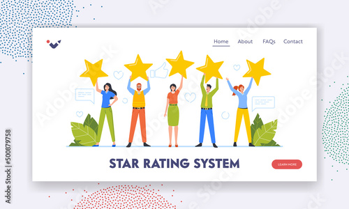 Star Rating System Landing Page Template. Tiny Clients Characters Hold Huge Stars, Consumer Feedback or Customer Review