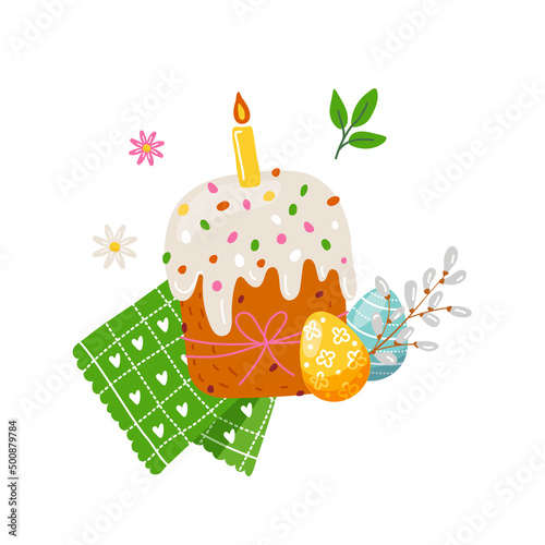 Easter cake with colorful eggs,kitchen towel,pussy willow.Vector illustration