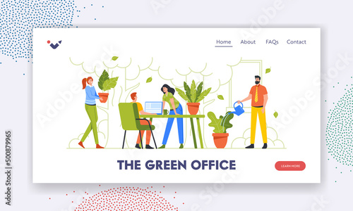 Green Office Landing Page Template. Group of Young Business People Working Together in Modern Workspace with Plants