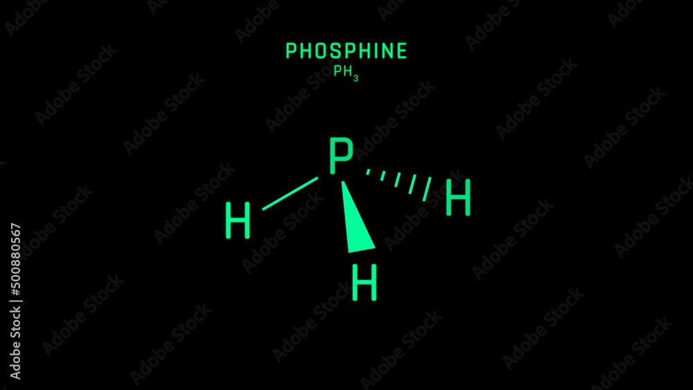 Phosphine or Phosphane Skeletal Formula or Molecular Structure Symbol on black background Phosphine or Phosphane Skeletal Formula or Molecular Structure Symbol on black background