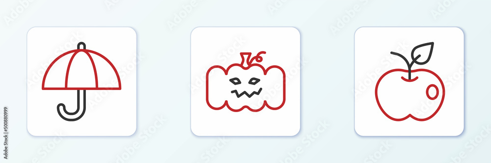 Set line Apple, Umbrella and Pumpkin icon. Vector Set line Apple, Umbrella and Pumpkin icon. Vector