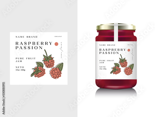 Vector illustration realistic glass bottle packaging for fruit jam. Raspberry jam with design label, typography, line raspberry icon. photo