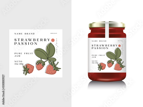 Vector illustration realistic glass bottle packaging for fruit jam. Strawberry jam with design label, typography, line strawberry icon.