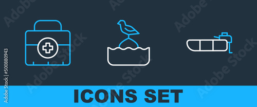 Set line Inflatable boat with motor, First aid kit and Seagull sits on buoy icon. Vector