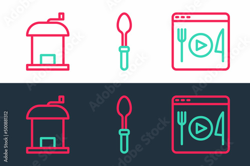Set line Cooking live streaming, Manual coffee grinder and Teaspoon icon. Vector