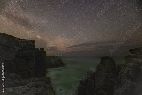 Night shots of the Milky Way rising over the cliffs in Cornwall, England