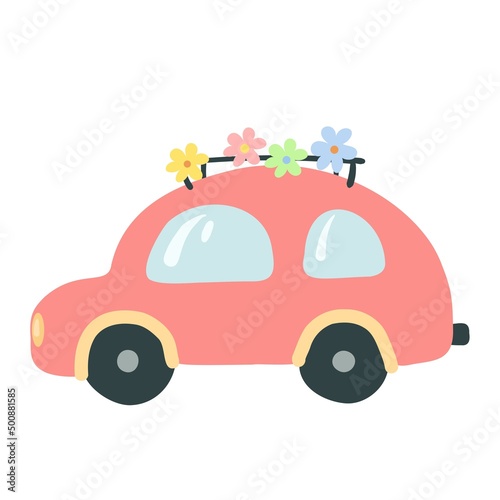 Cute cartoon car. Toy pink car with flowers. Illustration for baby postcard, book, poster.