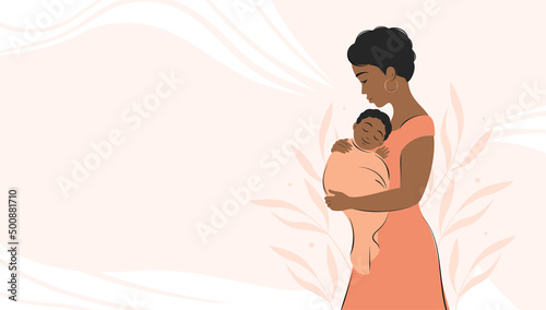 African woman holding baby in her arms.  Banner about pregnancy and breastfeeding with place for text. Vector illustration.