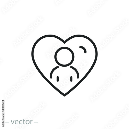 person in heart icon, compassion or empathy for people, care human, thin line symbol on white background - editable stroke vector illustration