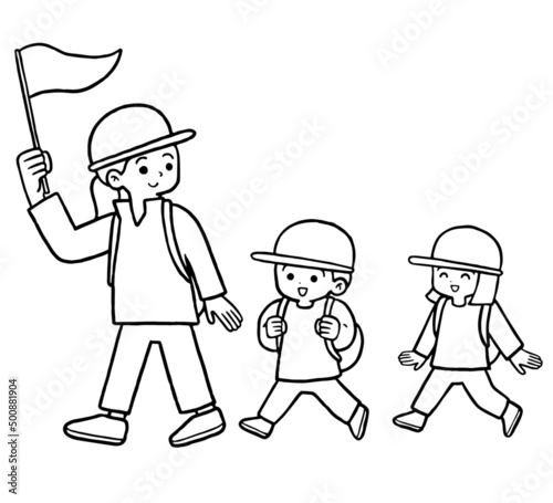 遠足へ行く児童と先生のイラスト（線画のみ）